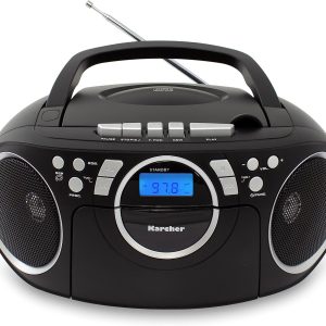 Radio CD portabil Karcher RR 5042-B cu CD player și casetofon, FM, alimentare cu baterie/rețea, intrare auxiliară, negru