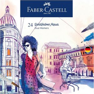 Marker dublu Faber-Castell Goldfaber Aqua cu vârf pensulă și vârf fin 164624, cutie de 24