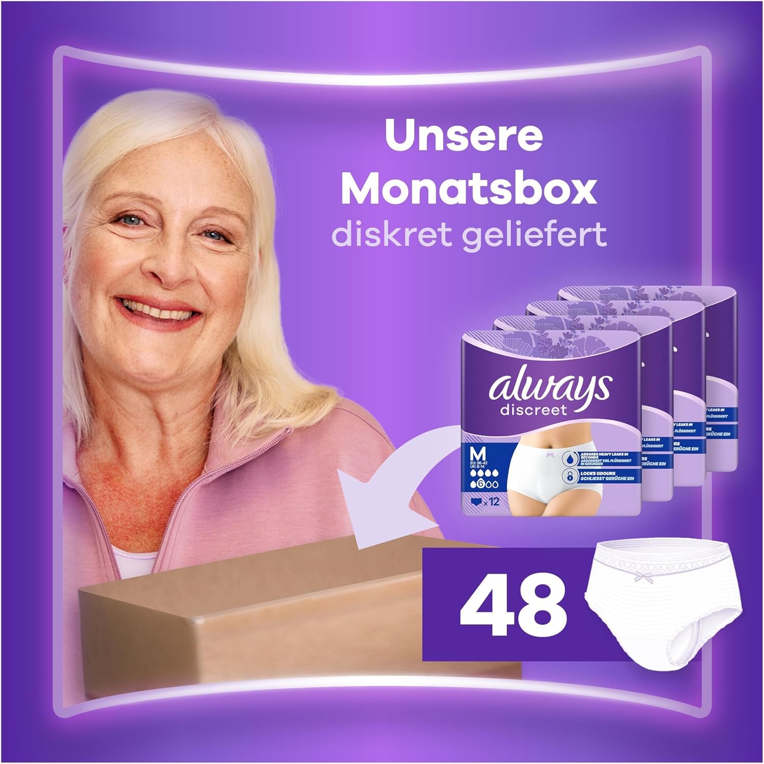 Chiloți de incontinență Always Discreet, mărimea M, standard, pentru femei, pachet lunar, blochează instantaneu mirosurile și lichidele, 48 de chiloți (4 x 12 chiloți) - Image 2