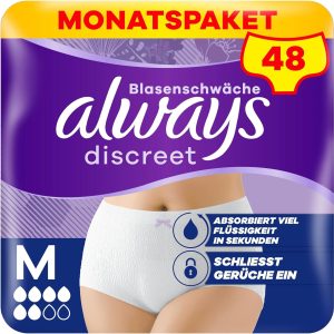 Chiloți de incontinență Always Discreet, mărimea M, standard, pentru femei, pachet lunar, blochează instantaneu mirosurile și lichidele, 48 de chiloți (4 x 12 chiloți)