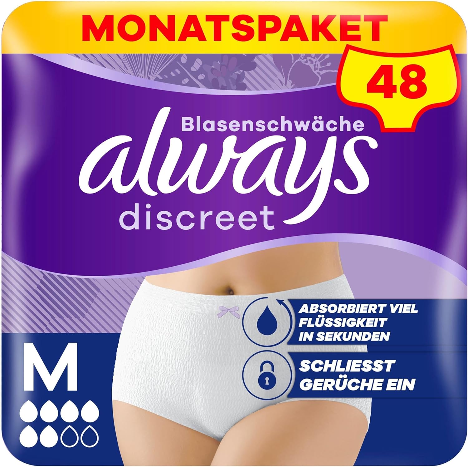 Chiloți de incontinență Always Discreet, mărimea M, standard, pentru femei, pachet lunar, blochează instantaneu mirosurile și lichidele, 48 de chiloți (4 x 12 chiloți)