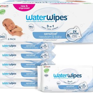 Șervețele umede WaterWipes fără plastic pentru bebeluși, 360 de șervețele (pachete de 6), șervețele de curățare pe bază de apă 99,9%, fără parfum, pentru piele sensibilă