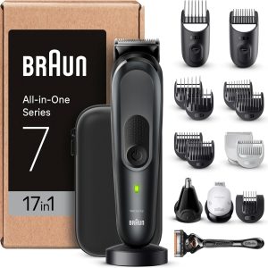 Set de tuns multifuncțional Braun 7, aparat de tuns multifuncțional 17 în 1 Multigroom, aparat de tuns pentru barbă, aparat de tuns pentru părul din nas, aparat de tuns pentru față, cap și corp, baterie de 100 minute, 14 lungimi (3-21 mm), rezistent la apă, MGK7491, negru