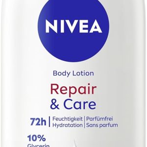 NIVEA Loțiune de corp fără parfum Repair & Care (400 ml), cremă hidratantă, loțiune de corp cu absorbție rapidă cu glicerină și provitamina B5, loțiune pentru ten sensibil