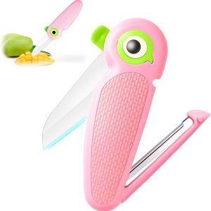 Cuțit ceramic portabil, cuțit de curățat 2 în 1, cuțit pliabil mic multifuncțional, cuțit de curățat cartofi, cuțit de curățat castraveți, cuțit de curățat legume, mini cuțit portabil drăguț pentru fructe pentru călătorii, camping (roz)