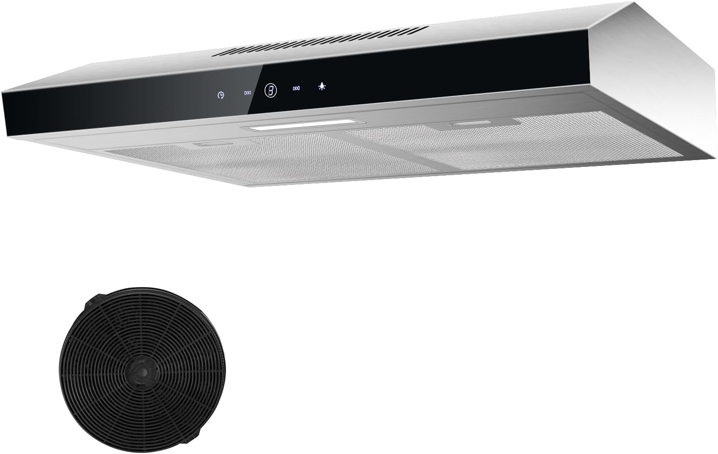 Hotă TopStrong 60 cm, Hotă sub blat 60 cm, Hotă cu recirculare/extracție cu filtru de carbon activ CF-K, Debit de aer 201 m³/h, Hotă din oțel inoxidabil, Control tactil cu 3 niveluri și