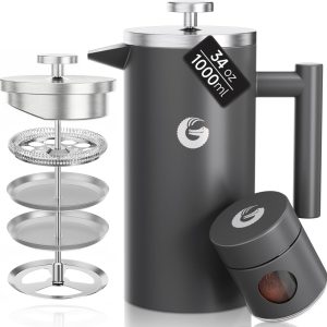 Presă franceză Coffee Gator / Cafetieră / Ceainic Presă franceză cu pereți dubli de 1 litru pentru a menține cafeaua caldă mai mult timp, Cafetieră gri mat cu cutie mică de cafea, gri