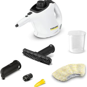Aparat de curățat cu abur Kärcher SC 1, Presiune abur: 3 bari, Timp de încălzire: 3 min, Putere: 1.200 W, Capacitate suprafață: 20 m², Rezervor: 200 ml, cu jet manual, jet punctual și duză puternică, husă din microfibră și perie rotundă