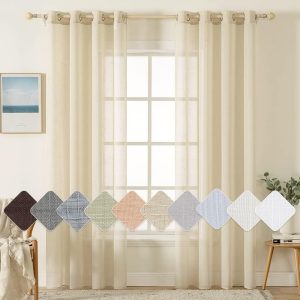 MIULEE Perdele din voal, perdea decorativă transparentă cu aspect de in și ochiuri, transparentă, translucidă, pentru fereastra camerei de zi, dormitoare, 140 x 245 cm (l x î), set de 2, bej