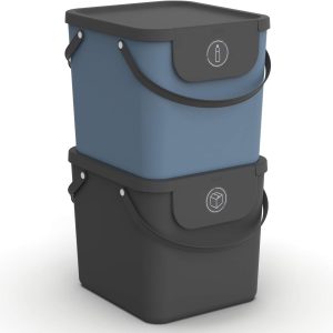 Rotho Albula Set de 2 Sisteme de Separare a Deșeurilor, 40 L, pentru Bucătărie, Plastic (PP) Fără BPA, Colorat | Sistem de Reciclare a Deșeurilor pentru Bucătărie și Menaj - Sistem de Reciclare a Plasticului - Coș de Gunoi Pătrat cu Capac și Mâner - Antracit/Albastru