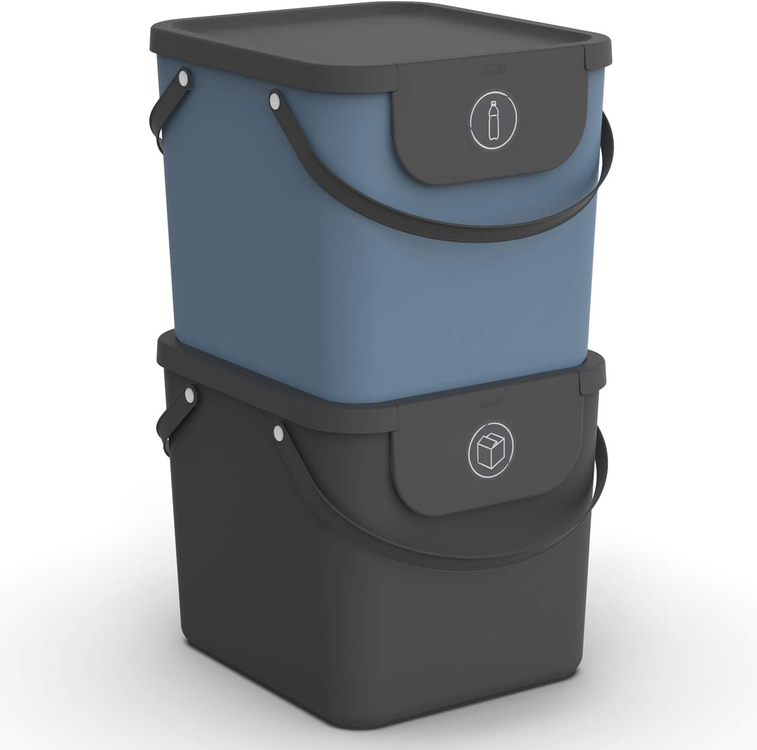 Rotho Albula Set de 2 Sisteme de Separare a Deșeurilor, 40 L, pentru Bucătărie, Plastic (PP) Fără BPA, Colorat | Sistem de Reciclare a Deșeurilor pentru Bucătărie și Menaj - Sistem de Reciclare a Plasticului - Coș de Gunoi Pătrat cu Capac și Mâner - Antracit/Albastru