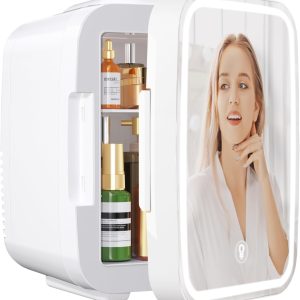 YASHE Mini frigider dormitor îngrijire piele cu oglindă LED frigider mic 4L încălzitor și răcitor termoelectric portabil 220V AC/12V DC pentru mașină birou dormitor (alb)