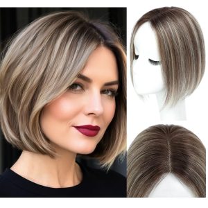 Pieptene de păr pentru femei, păr uman natural, fără breton, extensii de păr pentru femei, bază elvețiană de 25 cm, maro nuanțat cu reflexii blonde, agrafe de păr 4T613