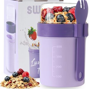 Cană pentru cereale cu linguriță - Cană pentru iaurt etanșă cu separatoare (560 ml + 220 ml) - Se poate spăla în mașina de spălat vase și nu conține BPA - pentru birou, fitness, școală, călătorii - Liliac intens