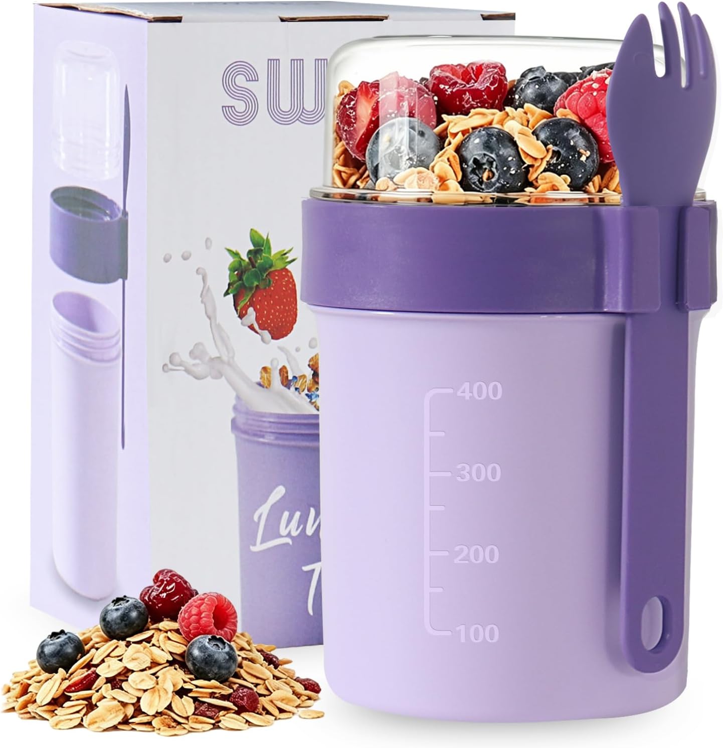 Cană pentru cereale cu linguriță - Cană pentru iaurt etanșă cu separatoare (560 ml + 220 ml) - Se poate spăla în mașina de spălat vase și nu conține BPA - pentru birou, fitness, școală, călătorii - Liliac intens