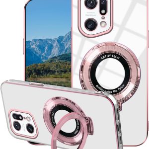 Carcasă transparentă pentru Oppo Find X5 Pro, cu inel magnetic, suport, silicon, pentru telefonul mobil Find X5 Pro, transparentă, rezistentă la șocuri, pentru galvanizare (roz)