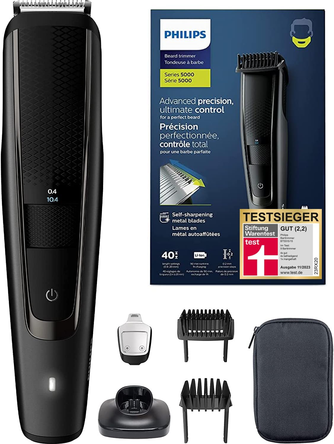 Aparat de tuns barba Philips BT5515/15 cu 40 de setări de lungime, tuns uniform datorită sistemului Lift & Trim Pro, lame metalice cu auto-ascuțire, autonomie a bateriei de 90 de minute, wireless, negru