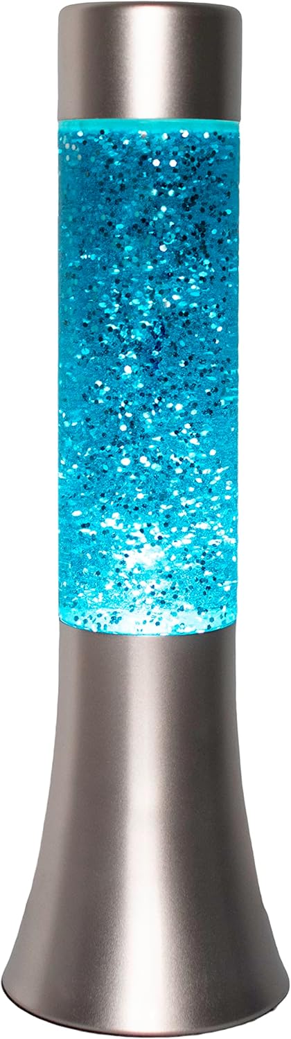 FISURA - Lampă Lavă cu Sclipici Albastru. Lampă Lavă 30 cm cu Bază Argintie, Lichid Albastru și Sclipici. Lampă cu Efect de Relaxare. 9x9x30 cm