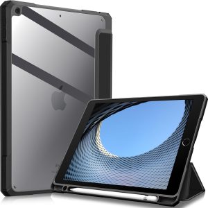 Husă hibridă Fintie pentru iPad 10,2 inch generația a 9-a (2021/8, 2020/7, 2019) cu suport pentru stilou – Husă rezistentă la șocuri cu carcasă rigidă transparentă pe spate – Neagră