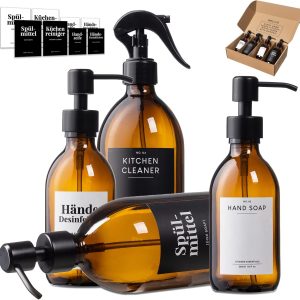Set de 4 dozatoare de săpun MONOKO maro - Dozator de detergent de vase pentru bucătărie - Sticlă pulverizatoare cu pompă + Cap pompă din oțel inoxidabil + Autocolant - 250 + 500 ml