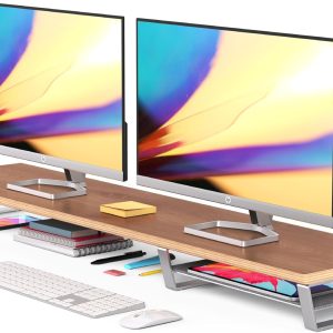 Suport de birou HumanCentric din lemn pentru monitor, raft de birou premium din nuc negru, suport lung pentru monitor de calculator, suport pentru două monitoruri pentru birou