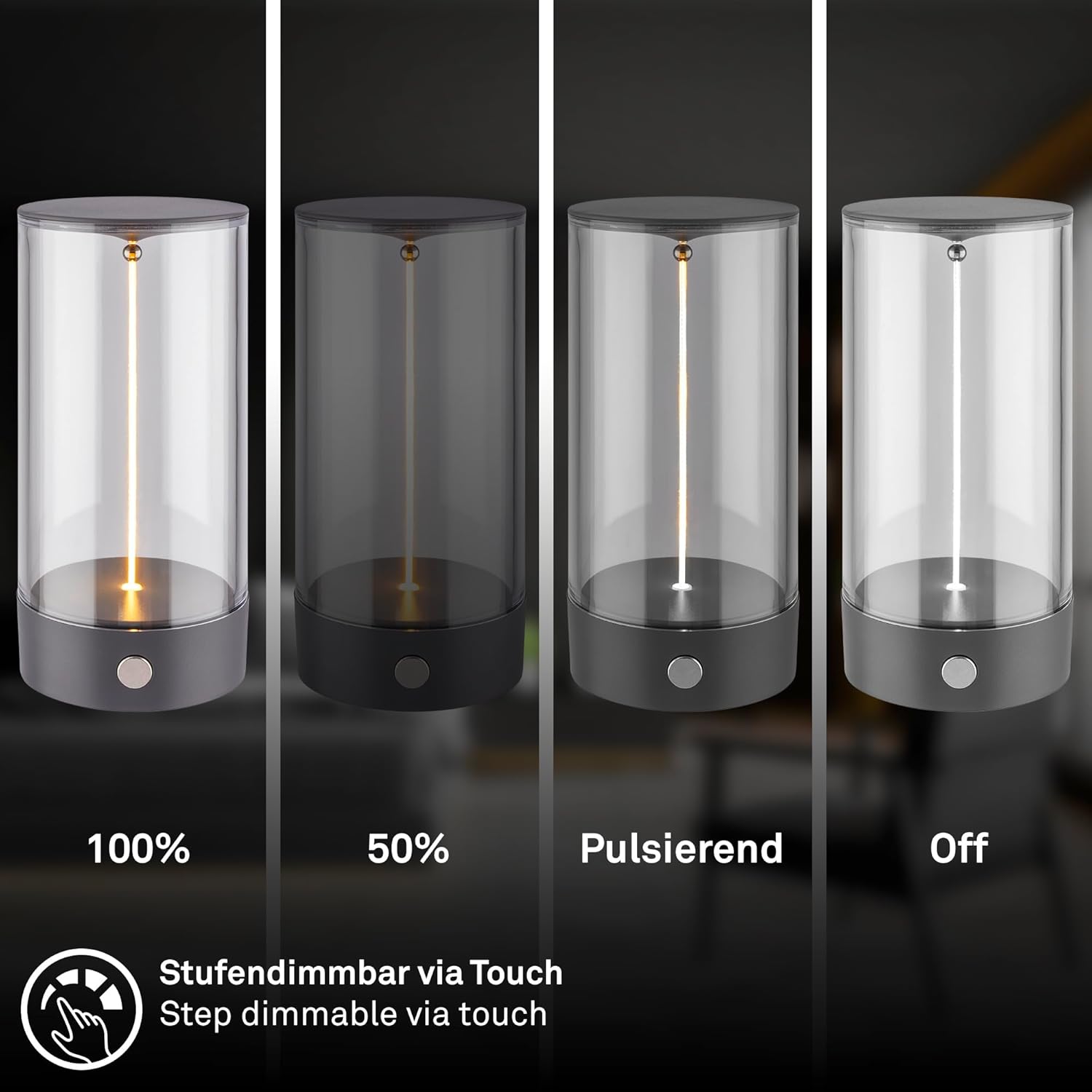 BRILONER - Lampă de masă LED wireless cu comutator pe 4 niveluri, tactilă, cu filament, culoare lumină albă caldă, încărcare USB-C, lampă de noptieră, lampă de citit, lampă LED, lampă de masă, lampă cu baterie, 7 x 14,5 cm, antracit - Image 2