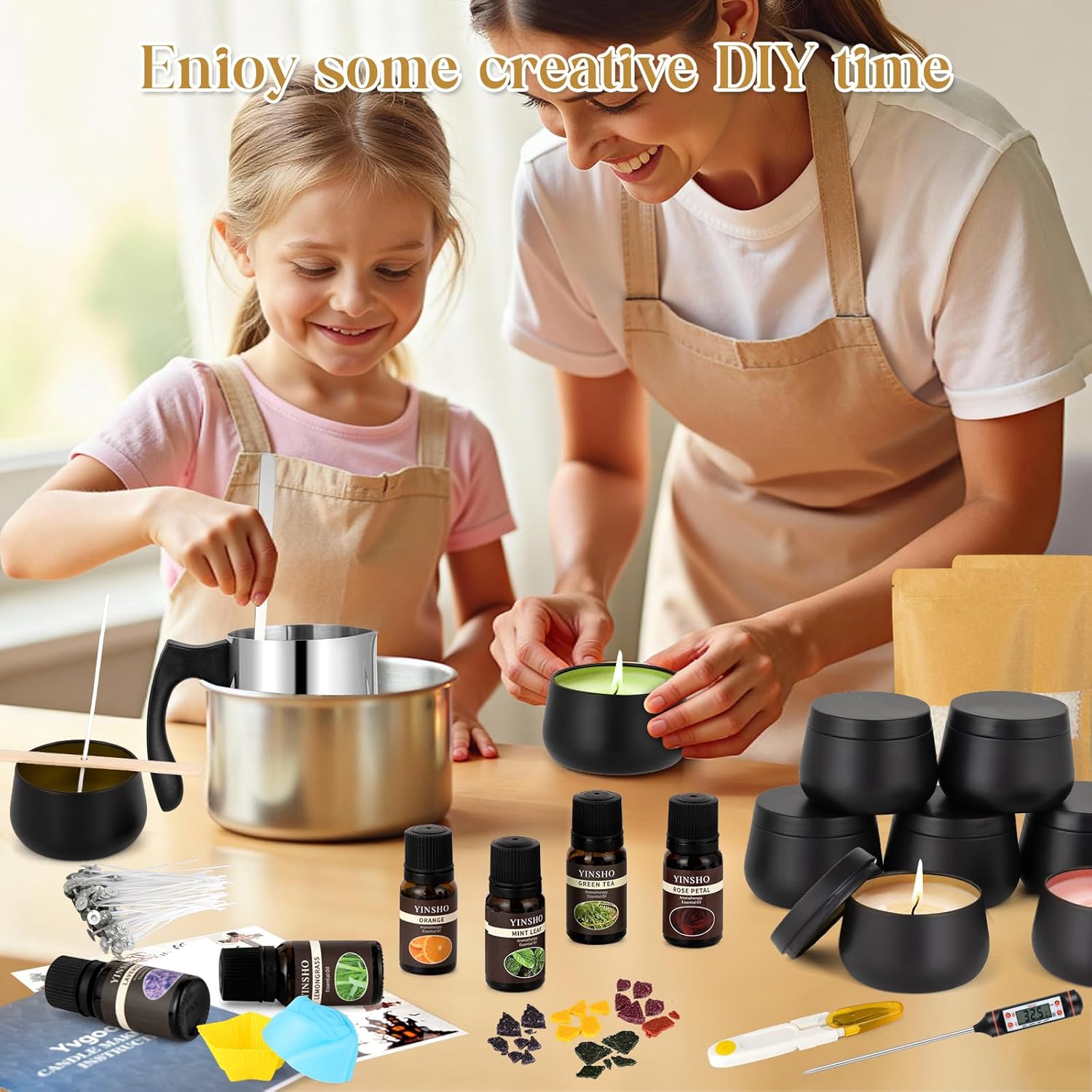 Yvgoov Set de lumânări Set de turnare Lumânări Set de lumânări Kit de lumânări Ceară de soia Uleiuri parfumate Set DIY Set de artizanat Adulți Cadou pentru femei (Negru) - Image 2