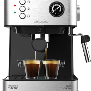 Espressor și cappuccino Cecotec, oțel inoxidabil | Manometru pentru controlul presiunii, duză de abur pentru spumă de lapte și apă fierbinte, dublă dublă pentru 2 cești și încălzitor de cești