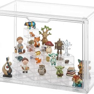 Vitrină acrilică transparentă, stivuibilă, GUDEMAY, cu închidere magnetică, piedestal | Cutie acrilică rezistentă la praf pentru minifigurine, blocuri de prindere, cutii jaluzele și obiecte de colecție. Vitrină cu vitrină cu fereastră