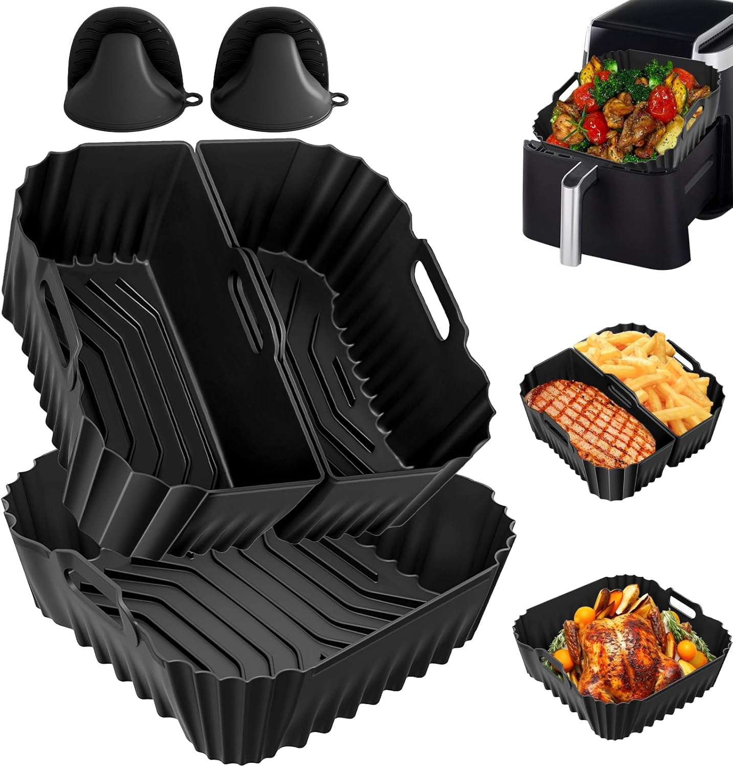 Formă de silicon pentru friteuză cu aer cald pentru Ninja AF180EUCP 6.2L/AF140EU 4.7L, pachet de 5 | Formă de silicon pentru friteuză cu aer cald pentru Philips 6.2L seria 2000 NA230, reutilizabilă cu mănuși de cuptor din silicon, antiaderentă, fără BPA