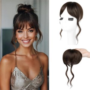 Breton cu clipsuri Flufymooz, breton franțuzesc cu tâmple de 30 cm, peruci pentru femei, pentru purtare zilnică - maro ciocolatiu închis