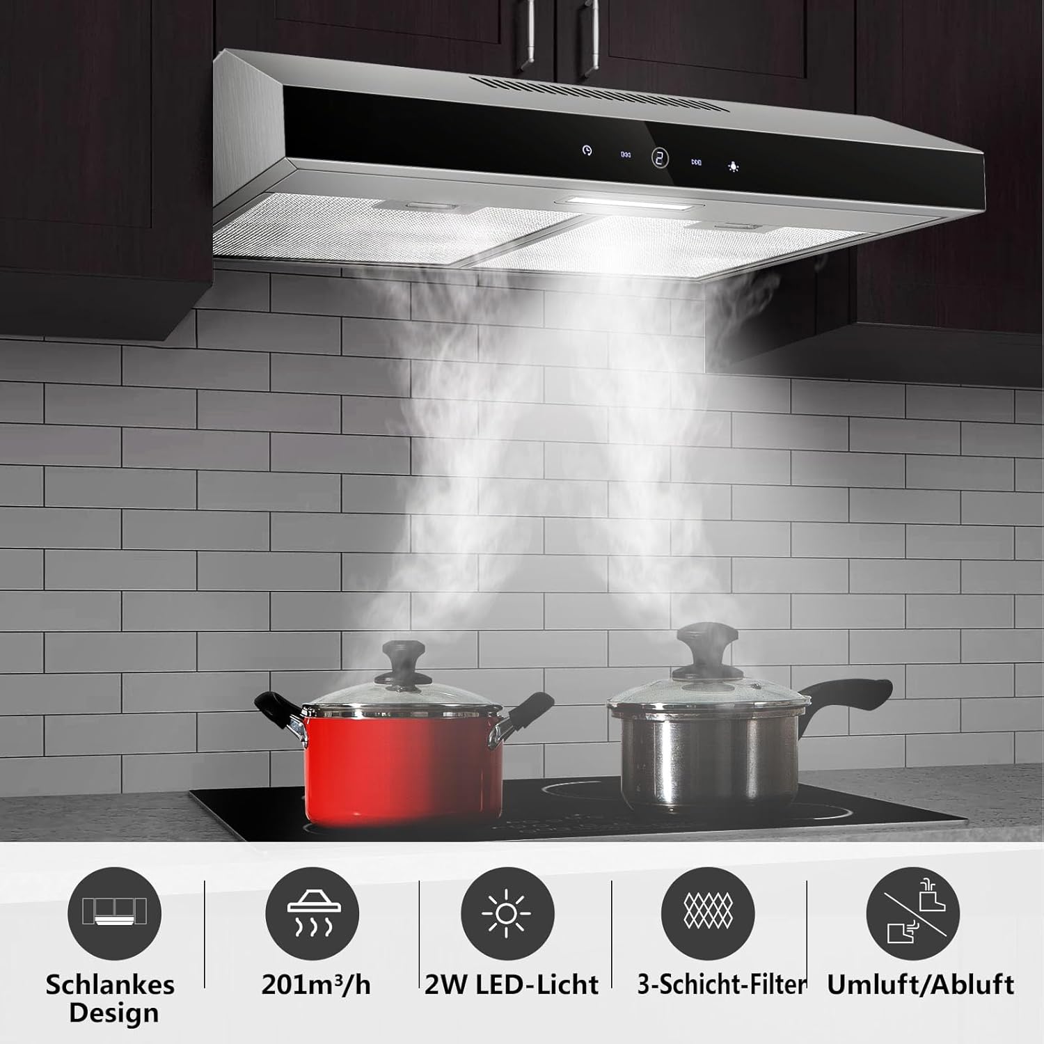 Hotă TopStrong 60 cm, Hotă sub blat 60 cm, Hotă cu recirculare/extracție cu filtru de carbon activ CF-K, Debit de aer 201 m³/h, Hotă din oțel inoxidabil, Control tactil cu 3 niveluri și - Image 2