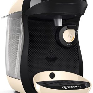Espressor cu capsule Bosch Tassimo Happy Friendly TAS107E, peste 70 de băuturi, potrivit pentru toate tipurile de cești, oprire automată, sustenabil, dozare perfectă, economie de spațiu, 1400 W, culoare crem/negru