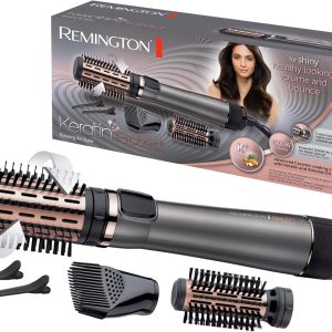Perie rotativă cu aer cald Remington [automată] Keratin Protect (include 3 accesorii: 2 perii rotunde + amplificator de păr pentru mai mult volum) + agrafe de păr, înveliș ceramic cu ulei de migdale, AS8811, gri