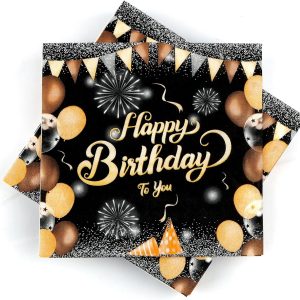 Pachet de 40 de șervețele de hârtie cu mesajul „La mulți ani”, pentru decorarea mesei, șervețele de ziua de naștere | Șervețele de hârtie negre și aurii pentru decorarea mesei, 33 x 33 cm, pentru petrecere de ziua de naștere, pentru băieți și fete