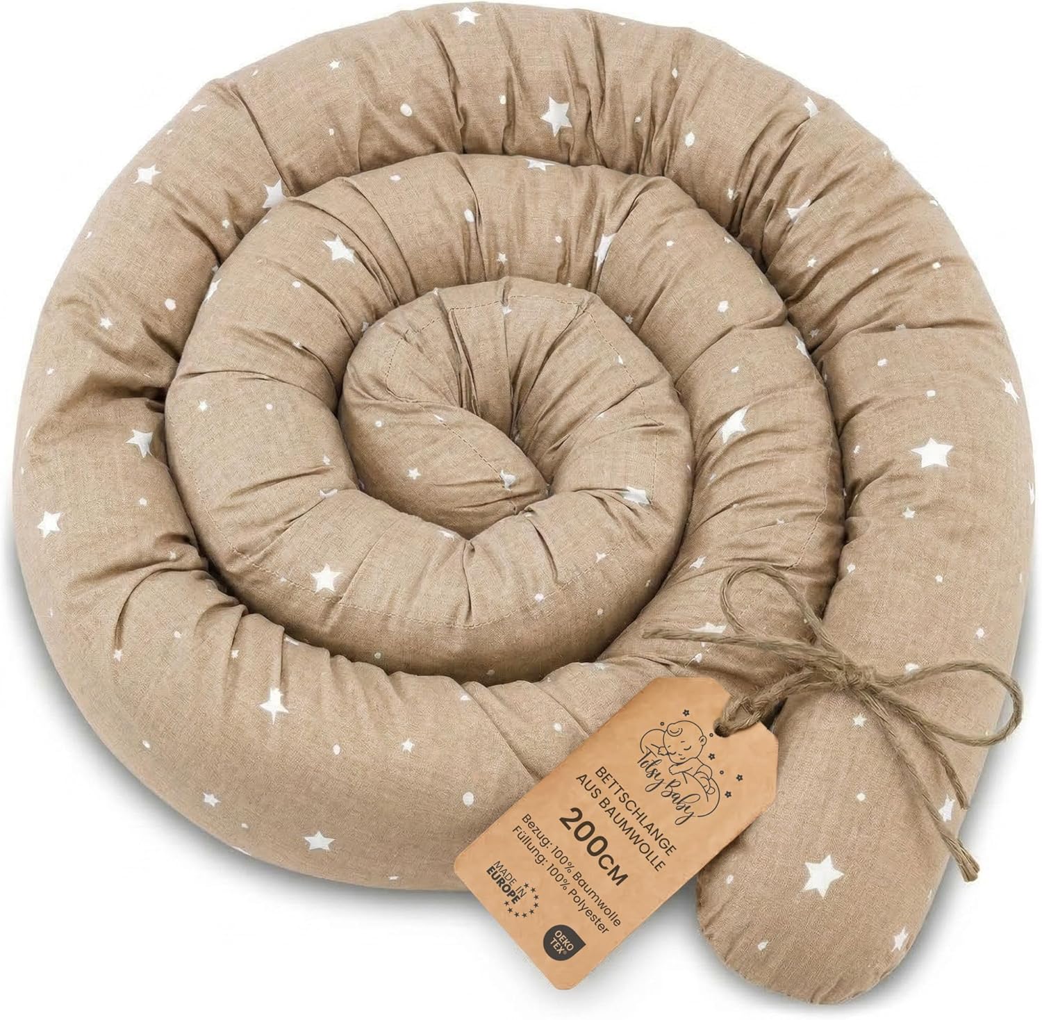 Pernă Totsy pentru bebeluși care doarme pe o parte, pernă de corp, rolă lungă de pat, pernă de gât, 200 cm, material tip vafă din bumbac, bej cu stele albe