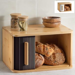 Praknu Cutie Mică pentru Pâine din Lemn FSC cu Ușă Glisantă - Depozitare Pâine 33 x 23 cm - Cutie de Pâine Elegantă și Economisitoare de Spațiu pentru Prospețime Mai Lungă - Negru
