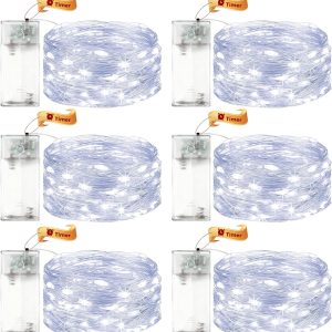 VIKY Pachet de 6 Luminițe LED cu Baterie și Temporizator, 3 m 30 LED-uri Luminițe cu Micro Sârmă de Cupru, Alimentare cu Baterie pentru Interior, Luminițe Alb Rece cu Temporizator pentru Nuntă, Anul Nou, Crăciun, Decorațiuni Interioare