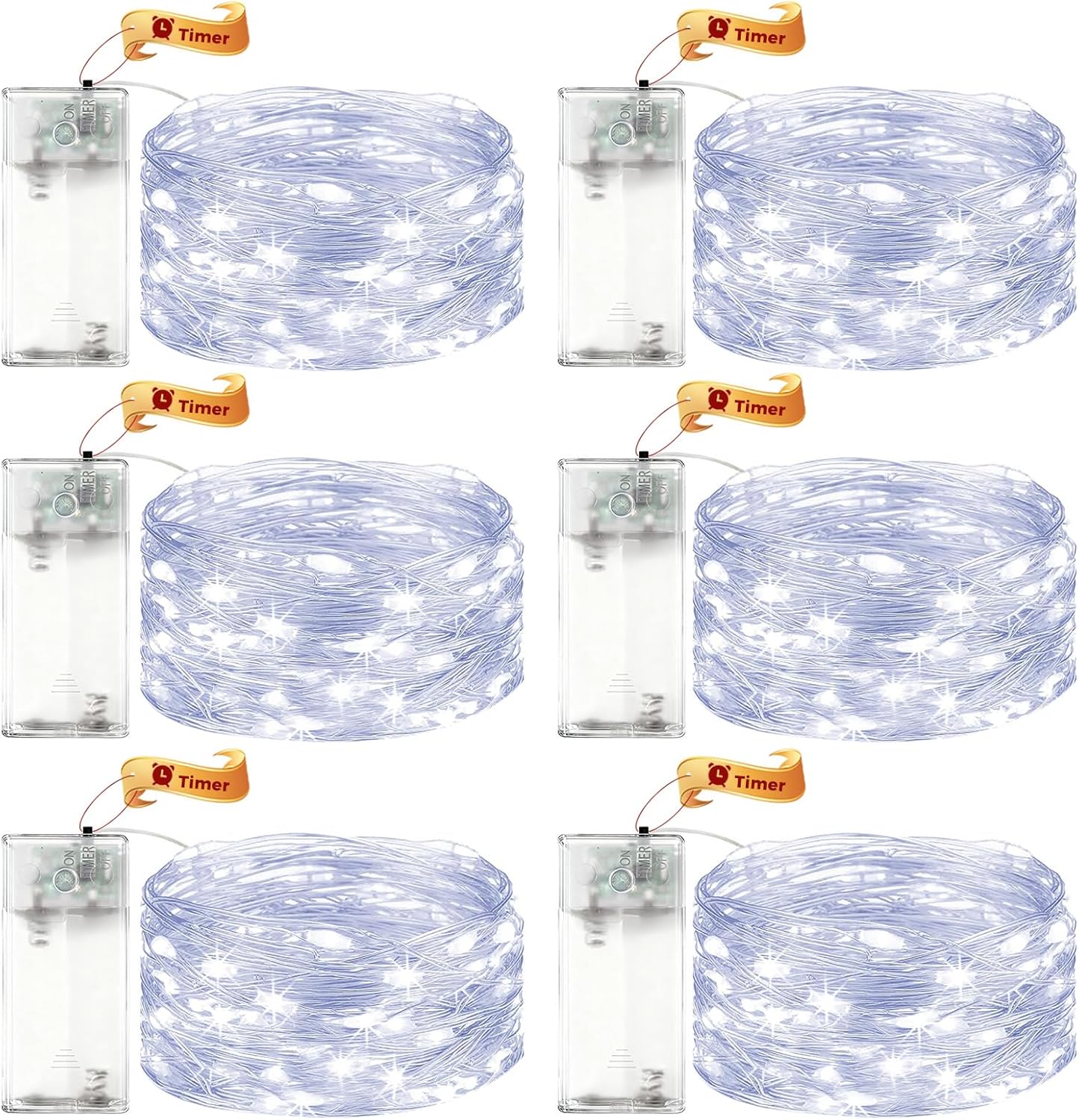 VIKY Pachet de 6 Luminițe LED cu Baterie și Temporizator, 3 m 30 LED-uri Luminițe cu Micro Sârmă de Cupru, Alimentare cu Baterie pentru Interior, Luminițe Alb Rece cu Temporizator pentru Nuntă, Anul Nou, Crăciun, Decorațiuni Interioare