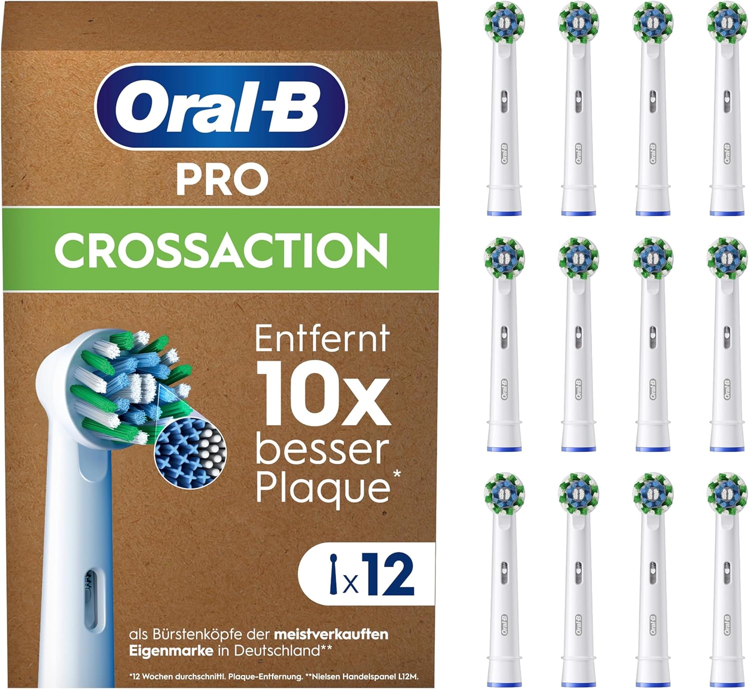 Capete de periuță de dinți de schimb Oral-B Pro CrossAction pentru periuța de dinți electrică, curățarea dinților, peri X, accesoriu original pentru periuța de dinți Oral-B, ambalaj tip cutie poștală, pachet de 12, fabricat în Germania