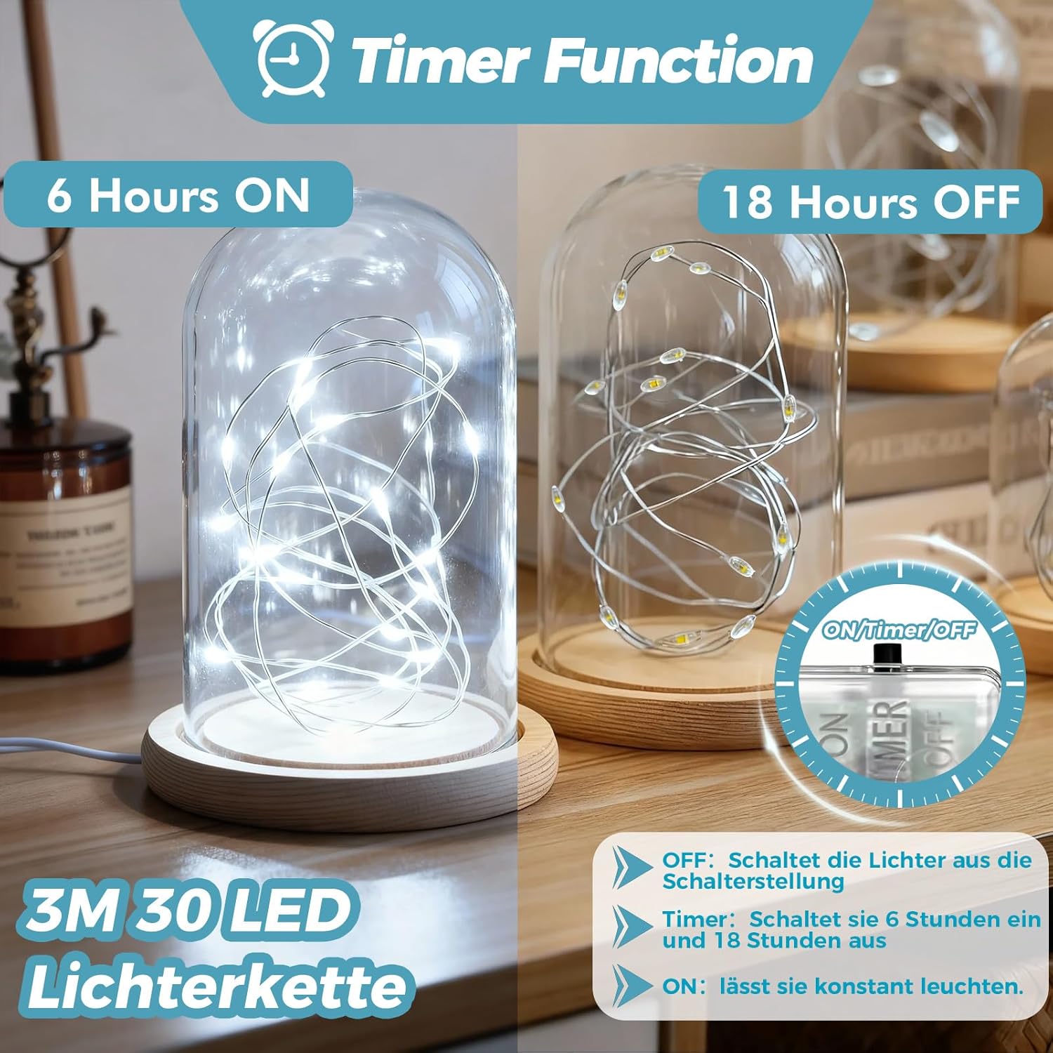 VIKY Pachet de 6 Luminițe LED cu Baterie și Temporizator, 3 m 30 LED-uri Luminițe cu Micro Sârmă de Cupru, Alimentare cu Baterie pentru Interior, Luminițe Alb Rece cu Temporizator pentru Nuntă, Anul Nou, Crăciun, Decorațiuni Interioare - Image 2