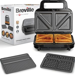 Aparat de sandvișuri Breville 3 în 1 Ultimate | Farfurii extra adânci pentru sandvișuri, vafe și panini | Farfurii detașabile cu strat antiaderent | Negru și oțel inoxidabil [VST098X] | Ștecăr UE