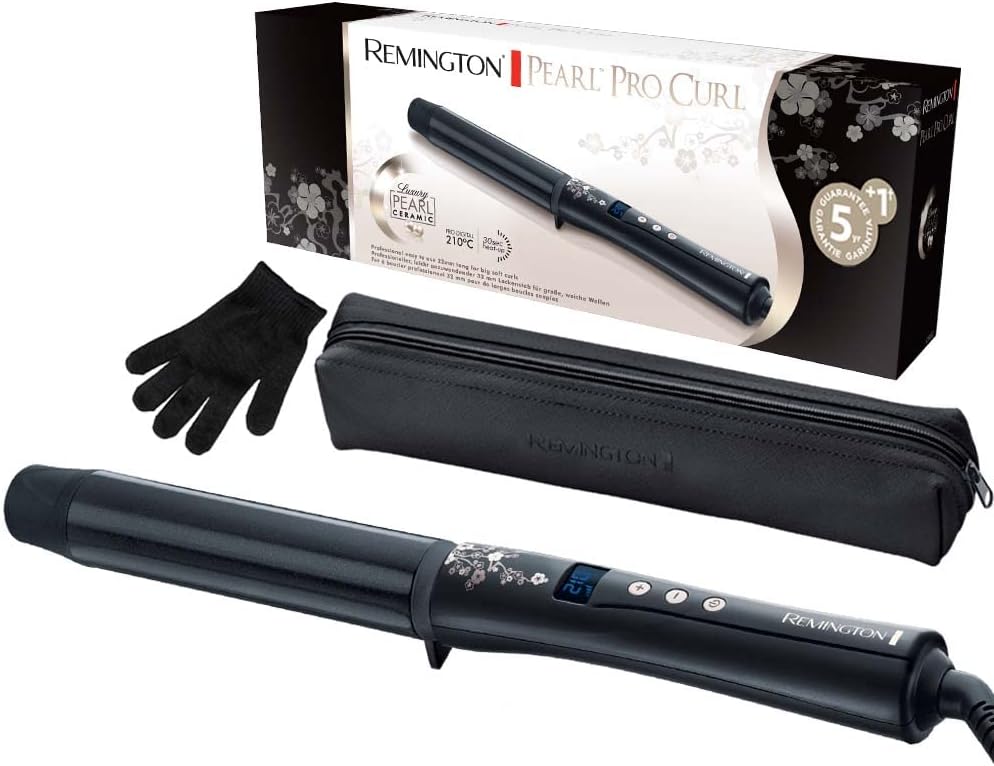 Ondulator Remington pentru bucle mari (32 mm) Pearl Digital (acoperire ceramică cu perle reale) ecran LCD 130-210 °C, include mănușă termică, ondulare fină, păr fin până la puternic, negru CI9533