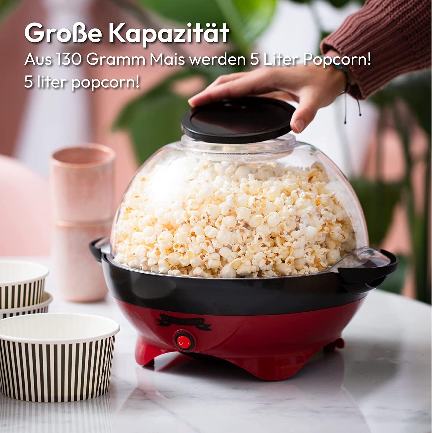 Aparat mare de popcorn Gadgy - Aparat de popcorn retro 5L - Aparat de popcorn cu înveliș antiaderent și placă de încălzire detașabilă - Aparat de popcorn roșu - Aparat de popcorn de 800W - Image 6