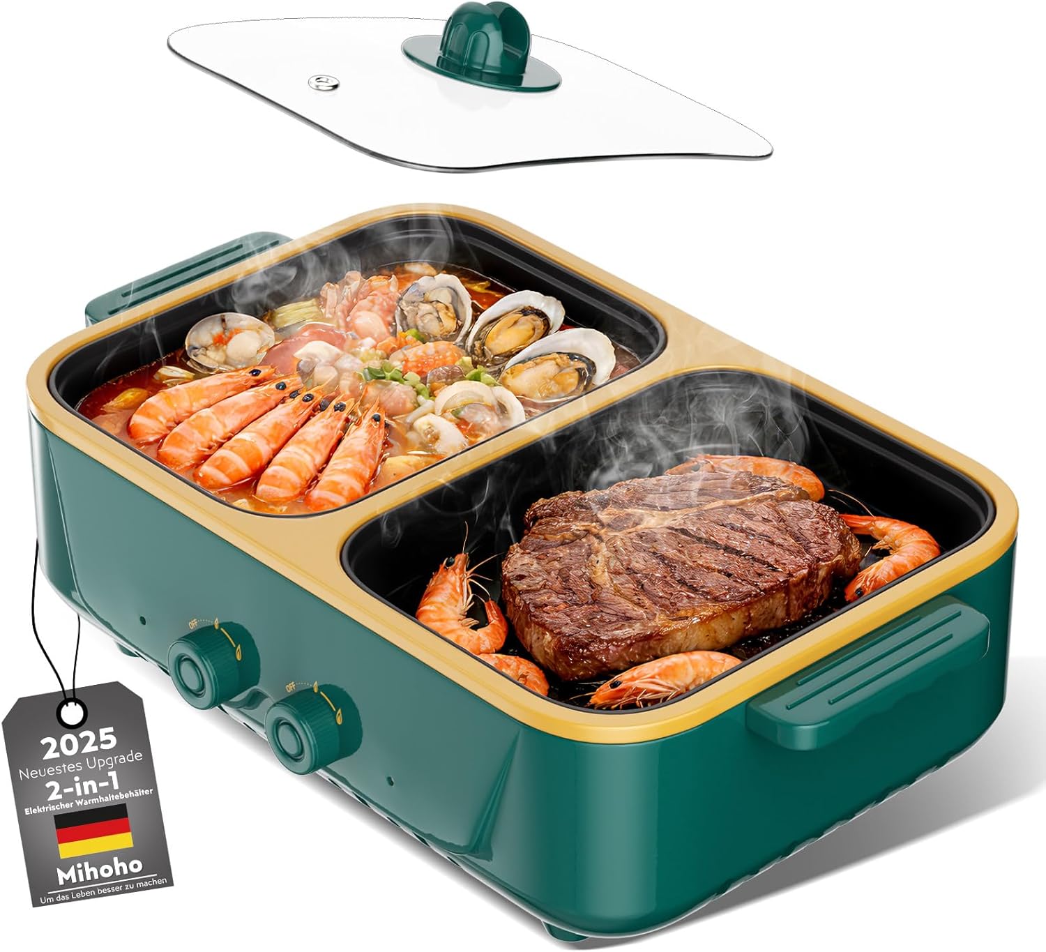 Oală electrică 2 în 1 pentru grătar și BBQ, 1000W, două setări de temperatură, încălzire rapidă - Dispozitiv de gătit în interior pentru grătar, paste și multe altele - Potrivit pentru până la 3 persoane (Green K)