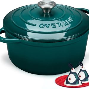 Vas de copt din fontă emailată Overmont - oală pentru tocană, 26 cm, potrivită pentru cuptor - cu capac și carte de rețete - pentru bucătărie, coacere, fierbere, prăjire, albastru marin