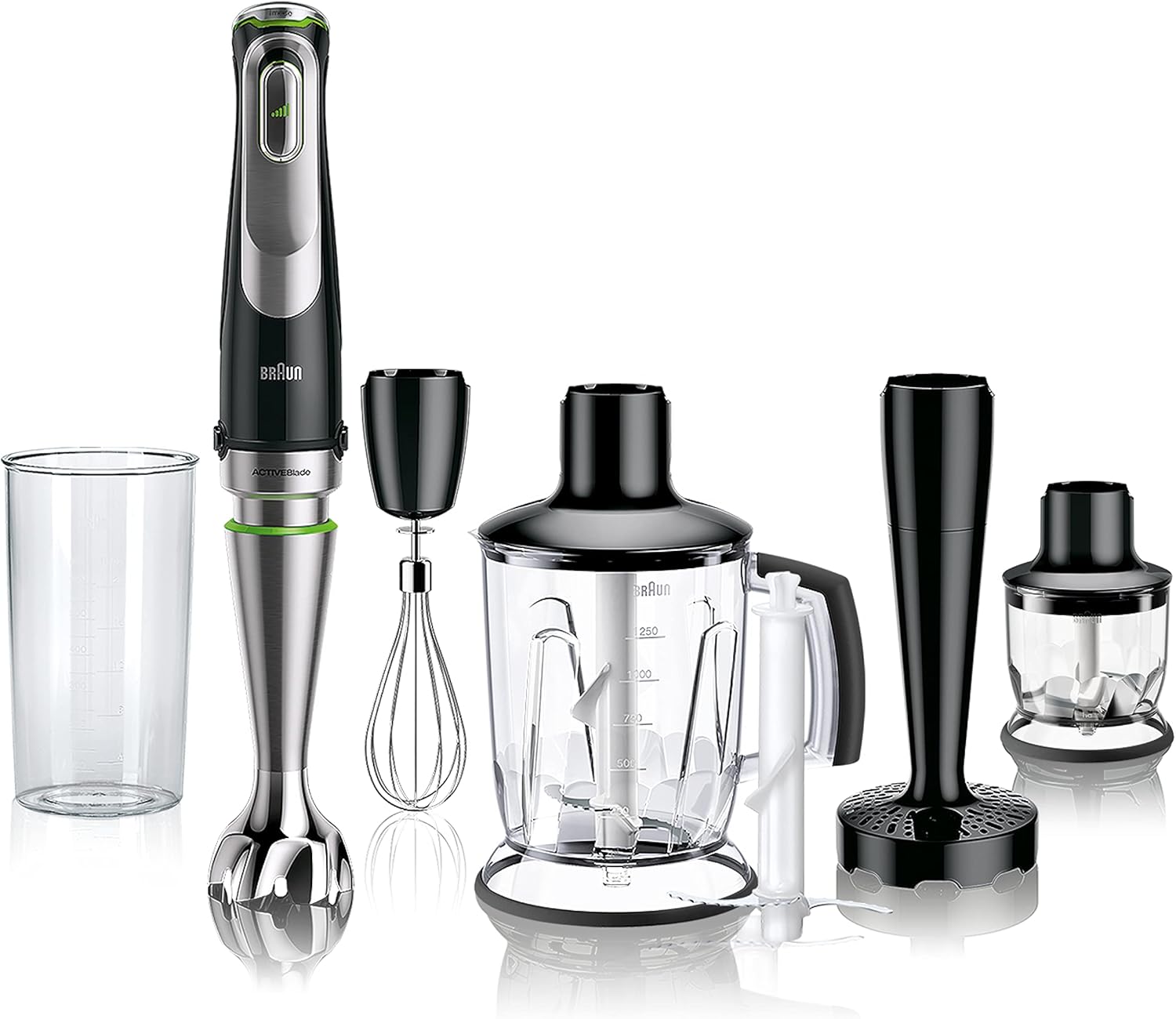 Blender de mână Braun MultiQuick 9 MQ - cu Active PowerDrive și SplashControl, inclusiv zdrobitor, zdrobitor de legume, blender, tocător și tel, 1200 wați, negru/oțel inoxidabil