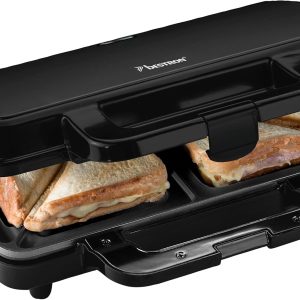 Bestron XL Sandwich Maker, Prăjitor de sandvișuri antiaderent pentru 2 sandvișuri, Include control automat al temperaturii și indicator de disponibilitate, 900 wați, Culoare: Negru mat