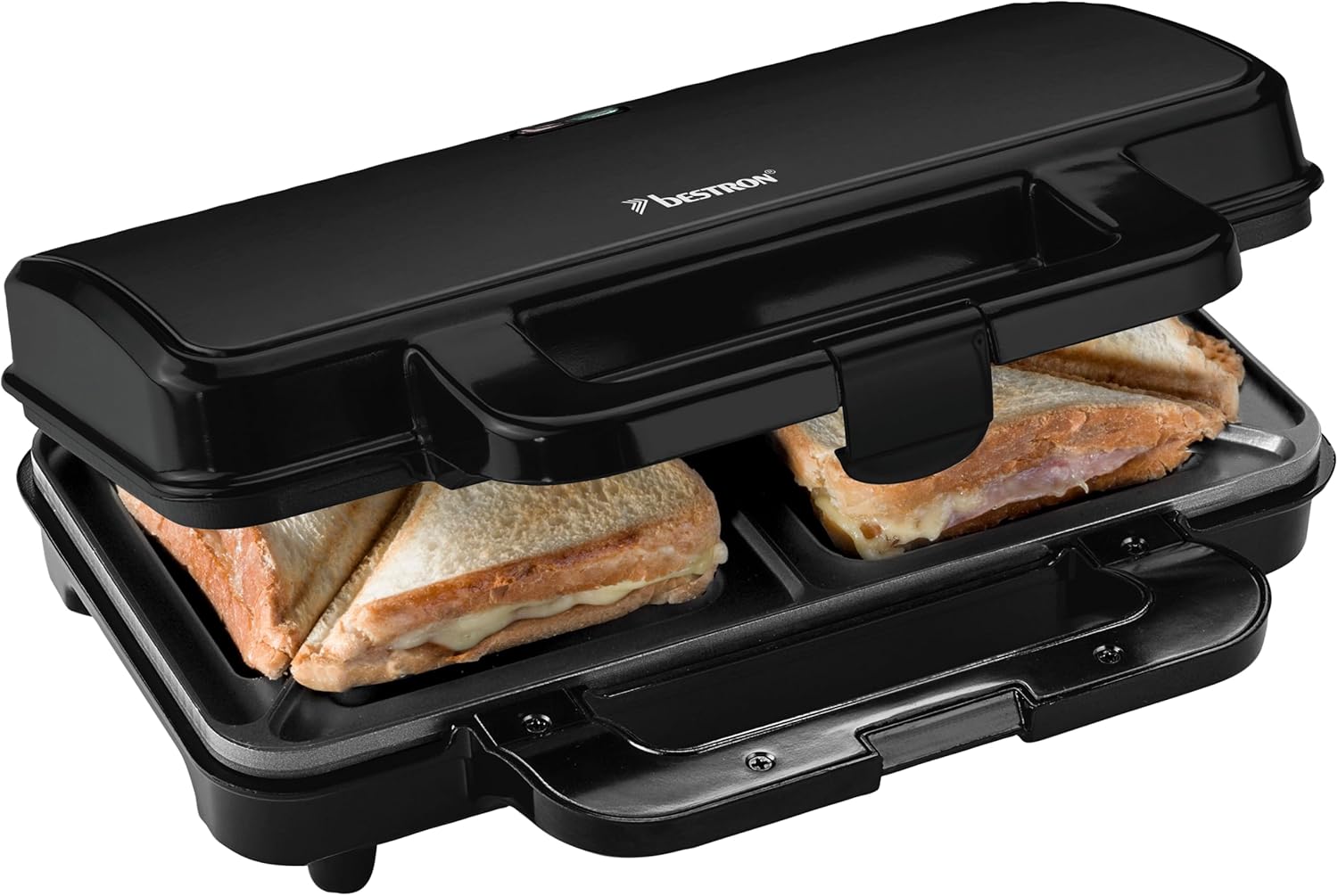 Bestron XL Sandwich Maker, Prăjitor de sandvișuri antiaderent pentru 2 sandvișuri, Include control automat al temperaturii și indicator de disponibilitate, 900 wați, Culoare: Negru mat
