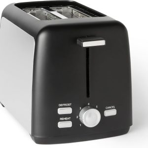 Prăjitor de pâine Amazon Basics cu 2 felii, 7 niveluri de rumenire și tavă detașabilă pentru firimituri, fante extra late, 800 W, negru